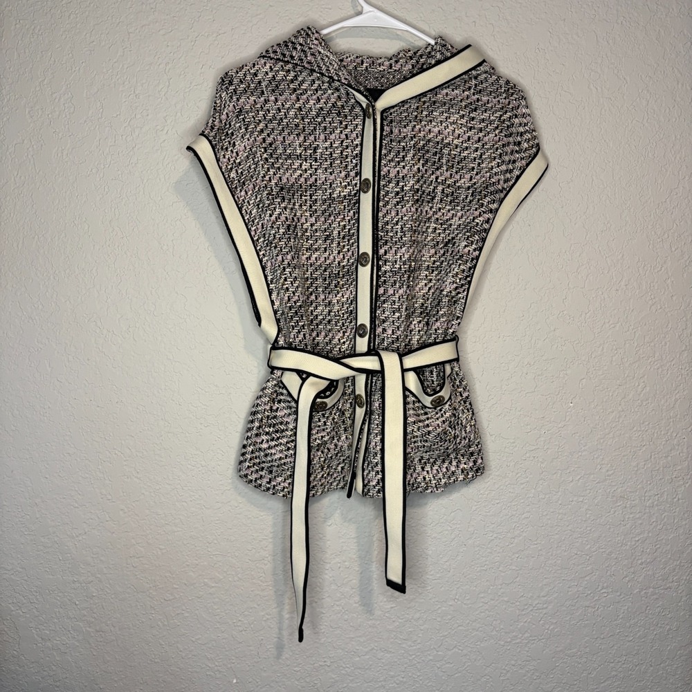 Maje Size 38 Tweed Belted Peplum Jacket Cream Black Metallic Paris